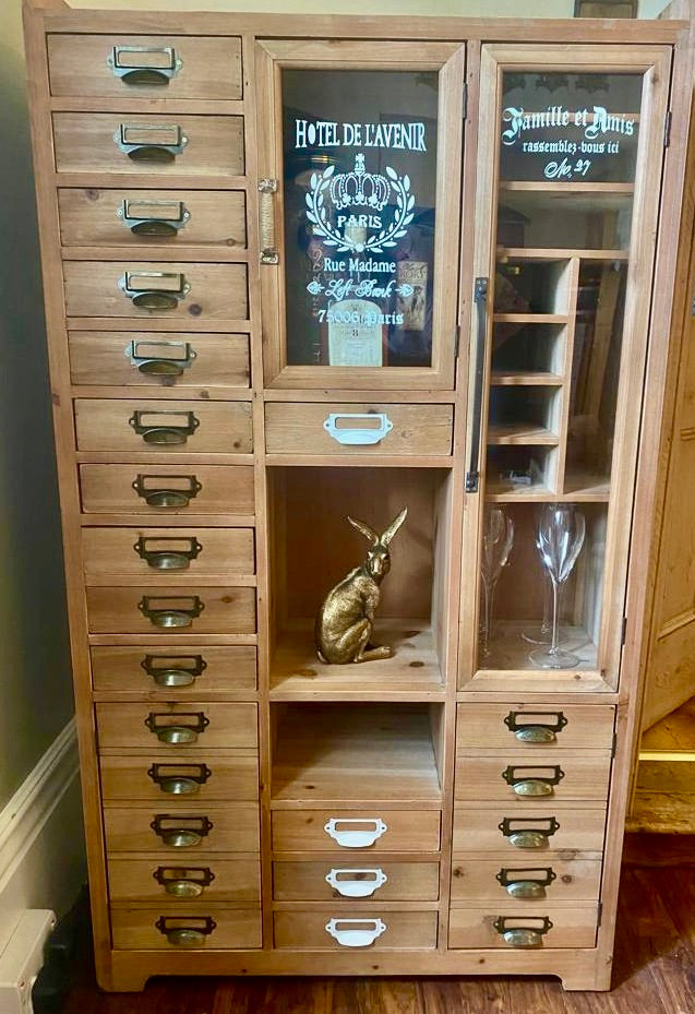 Tall slim rustic wood multi drawer storage display cabinet