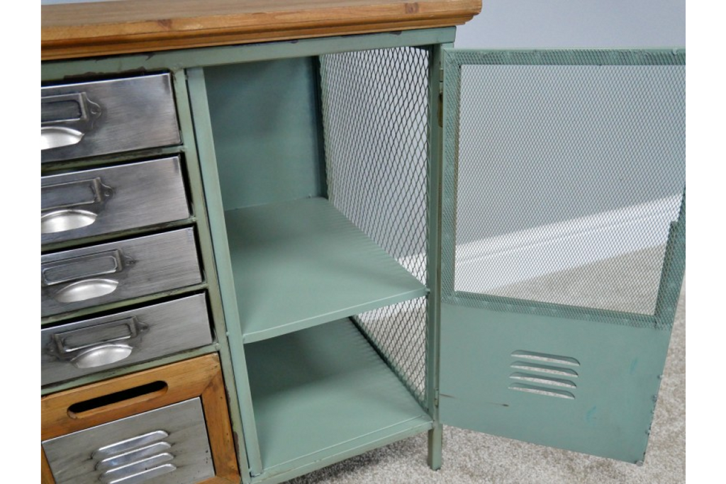 5ft wide green metal & rustic wood storage tv cabinet