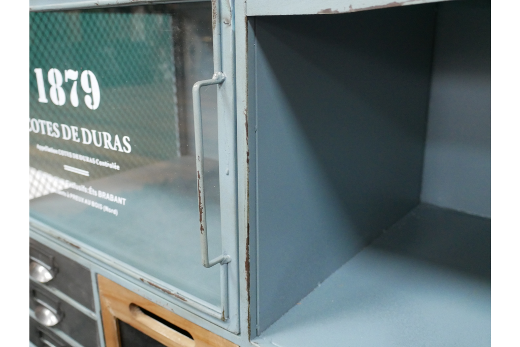 Small green metal & rustic wood storage tv cabinet
