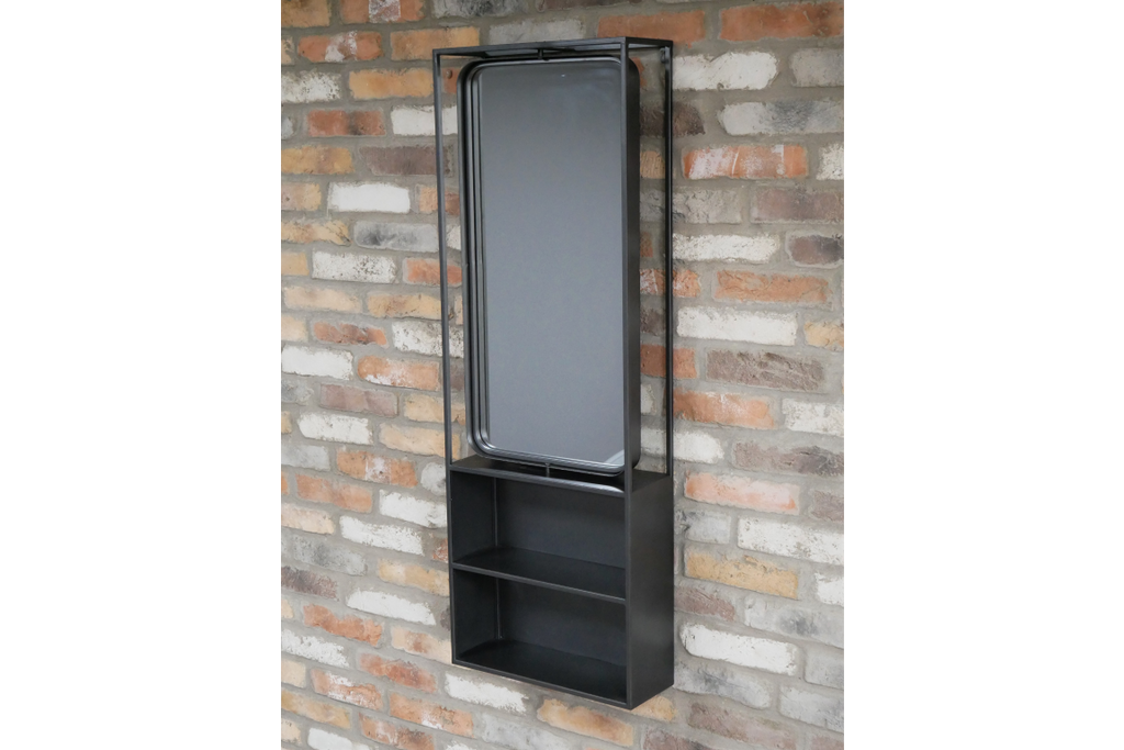 Tall slim black metal wall shelf unit with mirror