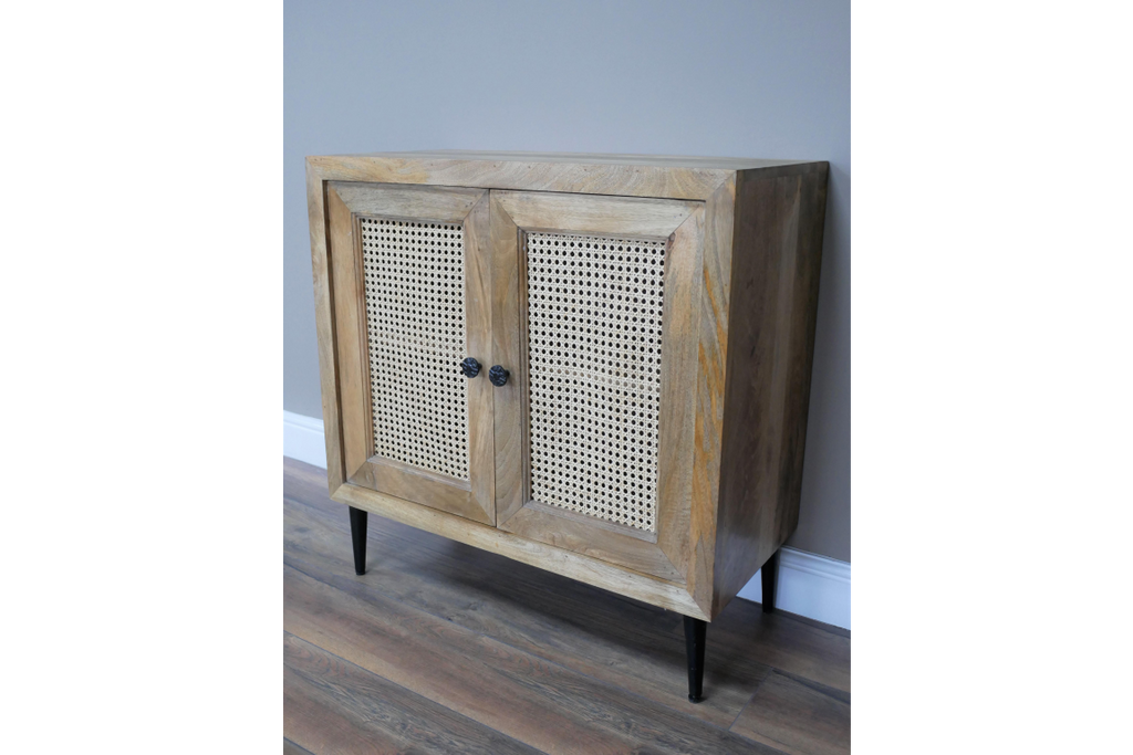 Petite acacia wood  side cabinet with rattan fretwork doors.