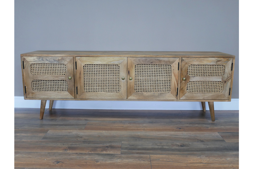 Rustic solid wood & rattan 4 door wide Tv cabinet