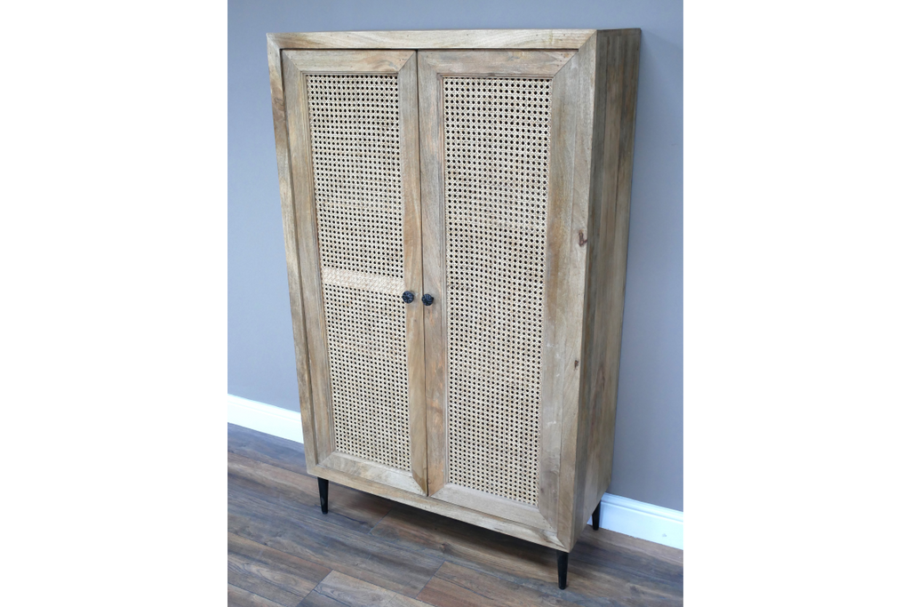 Tall rustic solid wood & rattan hand carved double door shelved storage cabinet.