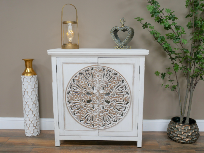 Bohemian rustic hand carved whitewashed storage cabinet - Back in stock May