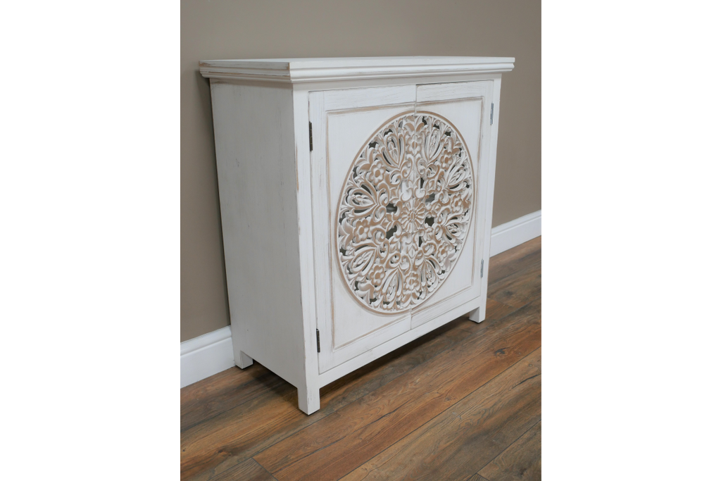 Bohemian rustic hand carved whitewashed storage cabinet - Back in stock May