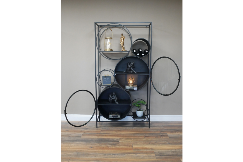 XL Tall Iron & glass Circles retro shelving display cabinet.