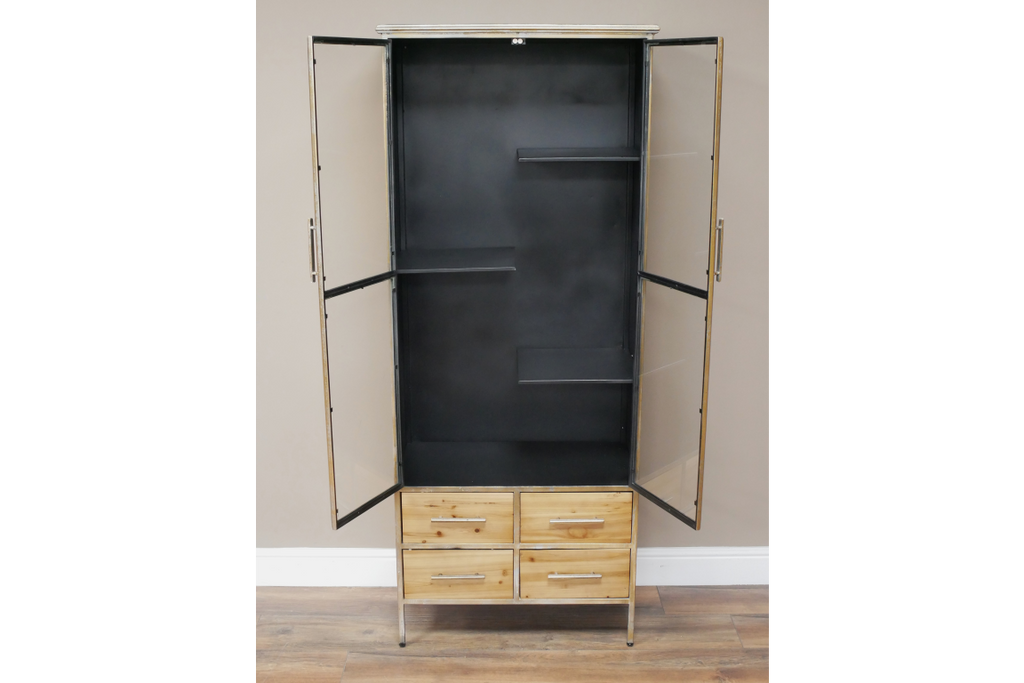 Muted gold slim tall glass fronted metal display cabinet.