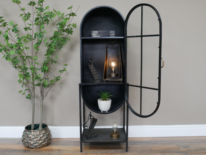 Oval black metal tall slim glass display cabinet