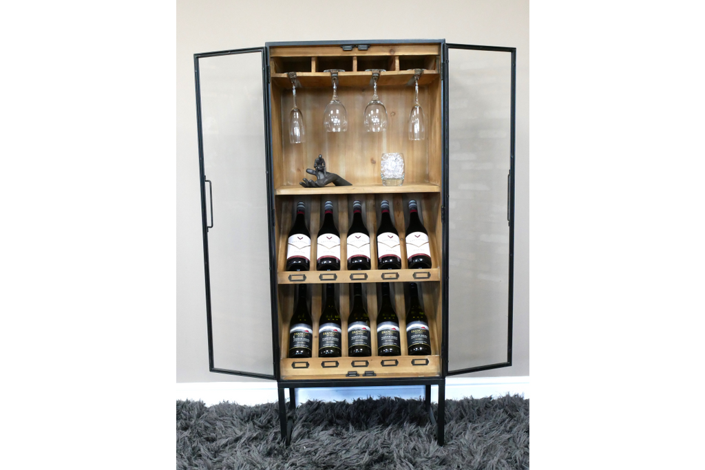 Tall slim black metal & rustic wood wine storage cabinet