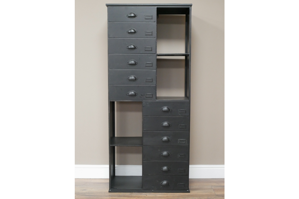 Tall black metal multi drawer storage display cabinet