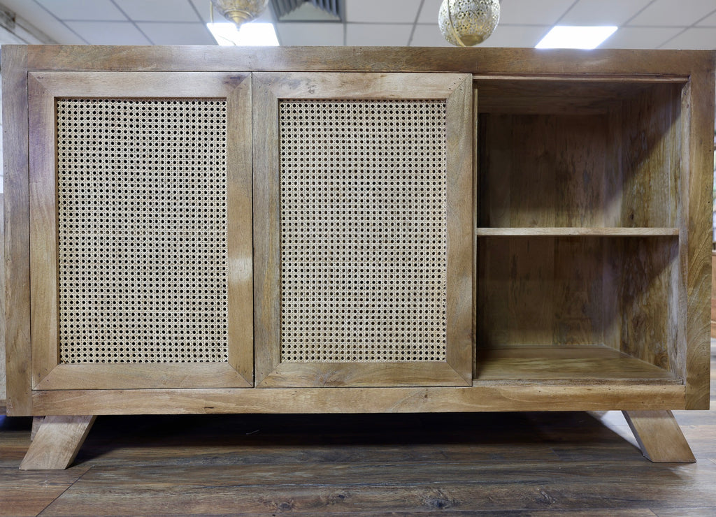 Rustic solid wood & rattan hand carved 3 drawer storage cabinet - sideboard.