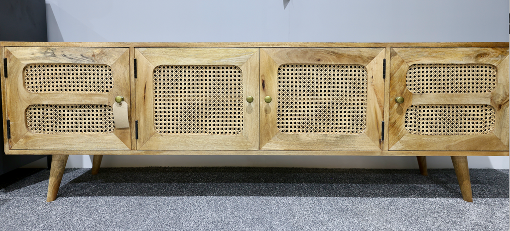 Rustic solid wood & rattan 4 door wide Tv cabinet