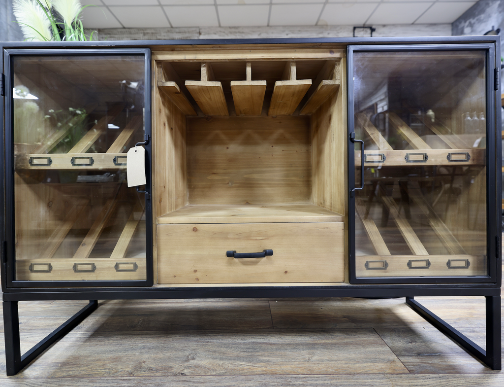 Black metal & rustic wood wine storage sideboard cabinet