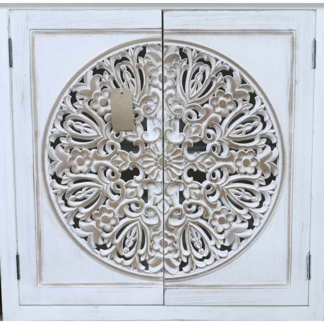 Bohemian rustic carved whitewashed storage cabinet