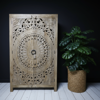 6ft tall carved natural wood armoire storage cupboard
