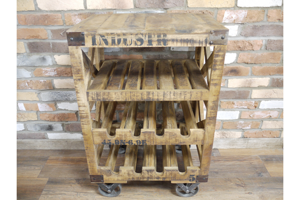 Rustic wood wine trolley cabinet.