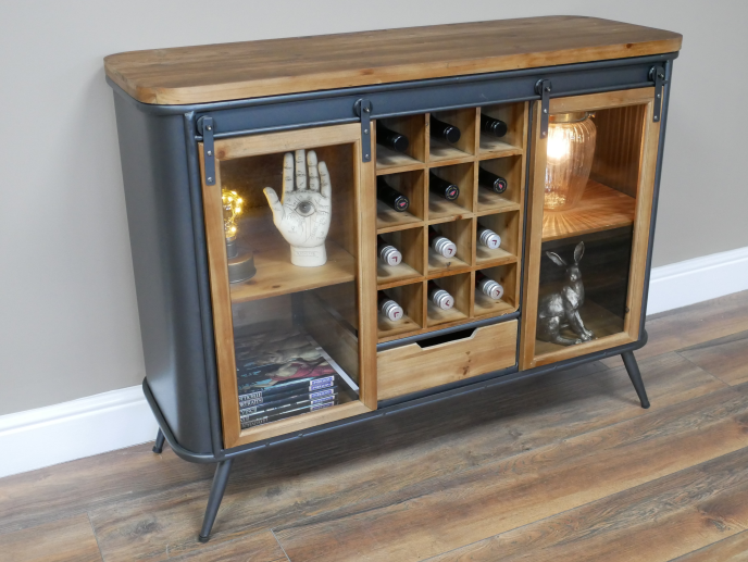 Wood & metal storage & wine cabinet sideboard.
