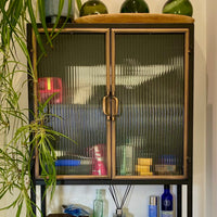 Black Industrial retro metal wall storage cabinet with ribbed glass doors