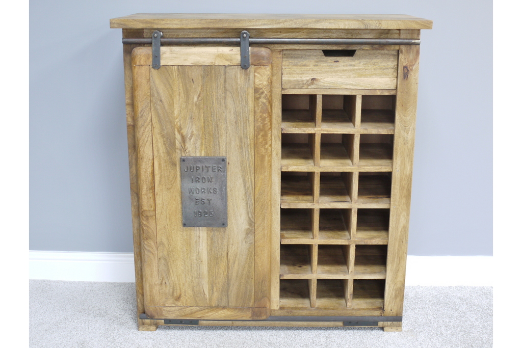 Industrial iron & wood wine storage cabinet.