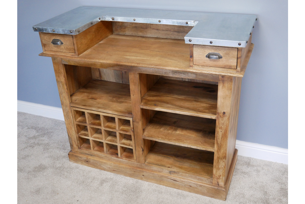 Large wood & zinc topped rustic industrial home bar - reception desk - counter cabinet - Back in stock May