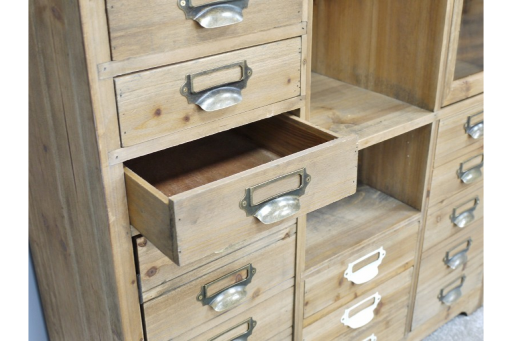 Tall slim rustic wood multi drawer storage display cabinet