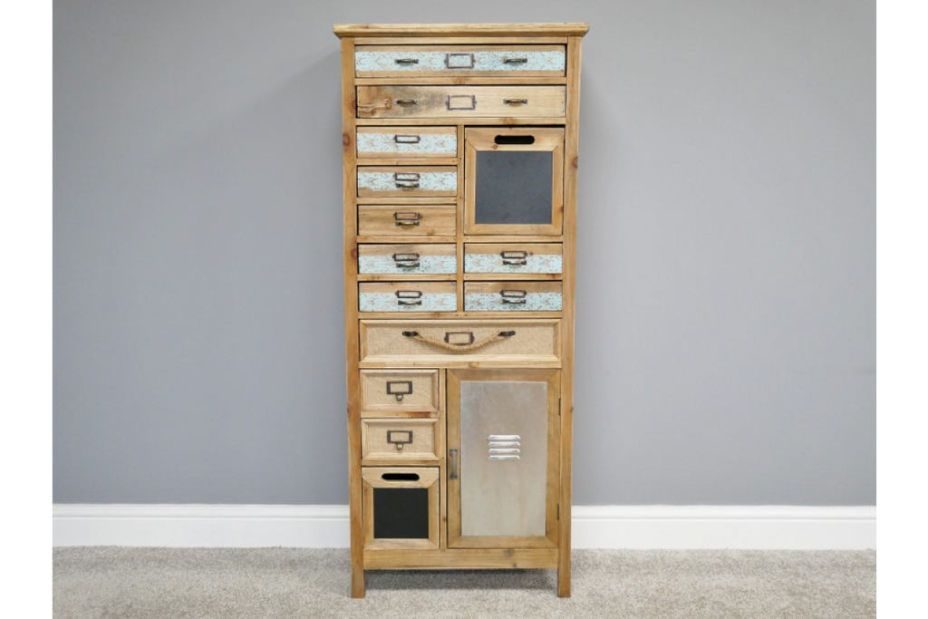 Tall slim wooden multi drawer storage cabinet