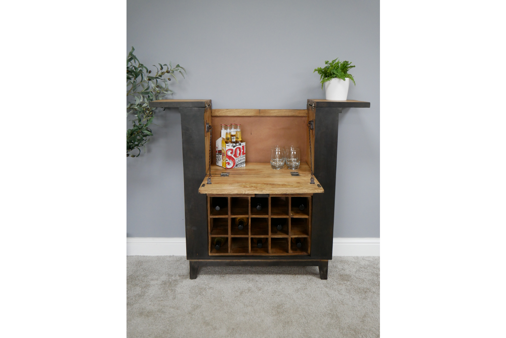 Large black wood & iron drinks bar cabinet