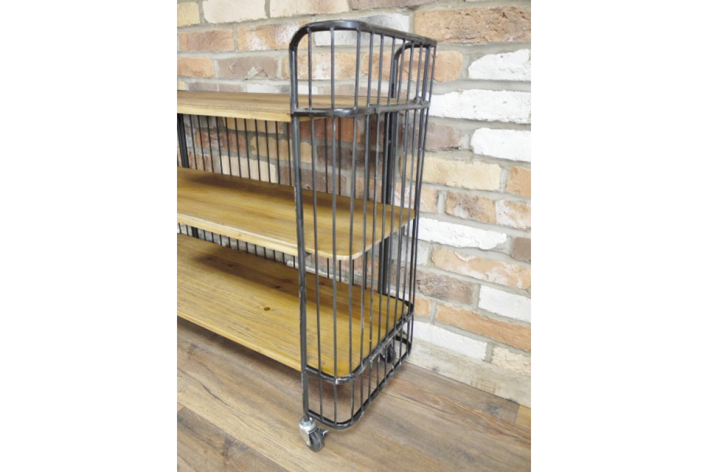 Metal caged rustic reclaimed wood baker shelves cabinet