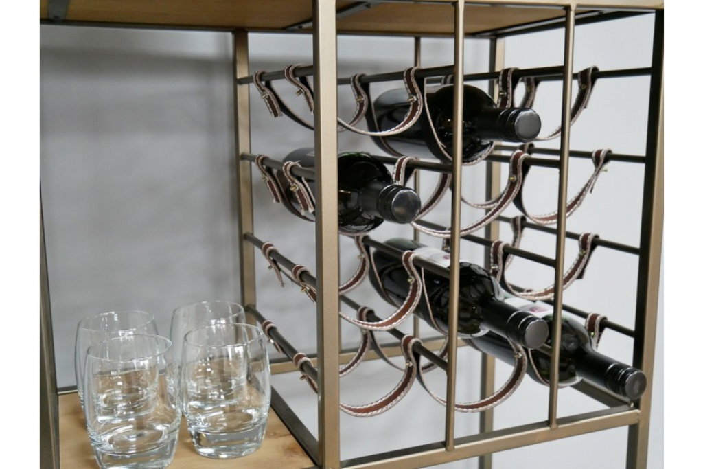 Tall slim metal multi compartment wine rack with shelving.