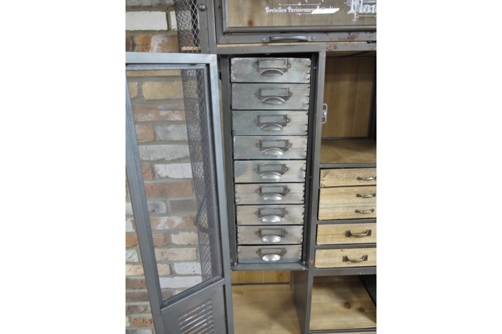 Tall slim metal & wood multi drawer Industrial retro storage display cabinet