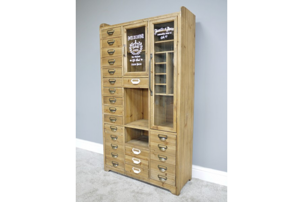 Industrial vintage storage display cabinet.