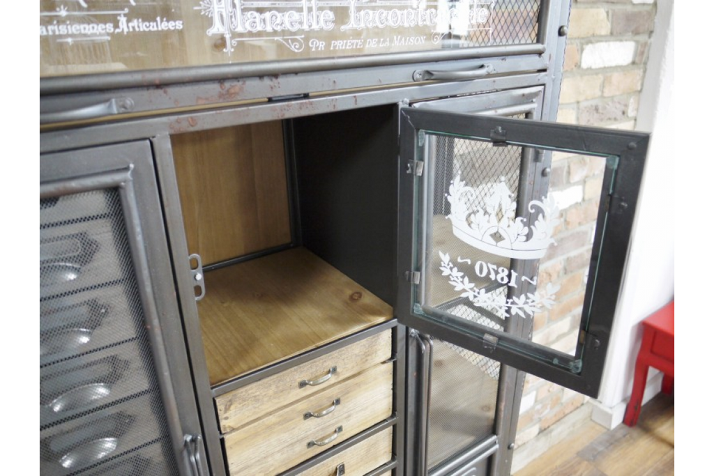 Tall slim metal & wood multi drawer Industrial retro storage display cabinet