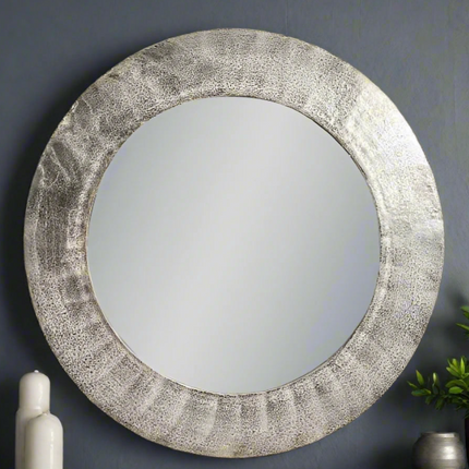 Large round raw nickel wall mirror