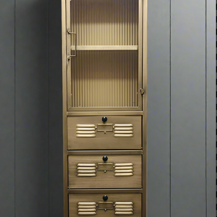 Muted gold metal & ribbed glass tall slim storage cabinet uk