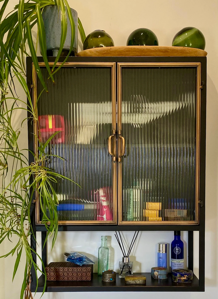 black metal & ribbed glass wall cabinet