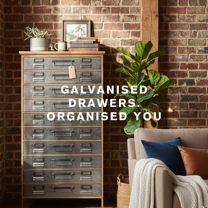 Home office storage furniture in industrial and rustic styles — metal drawers, shelving and cabinets — Elderflower Lane UK