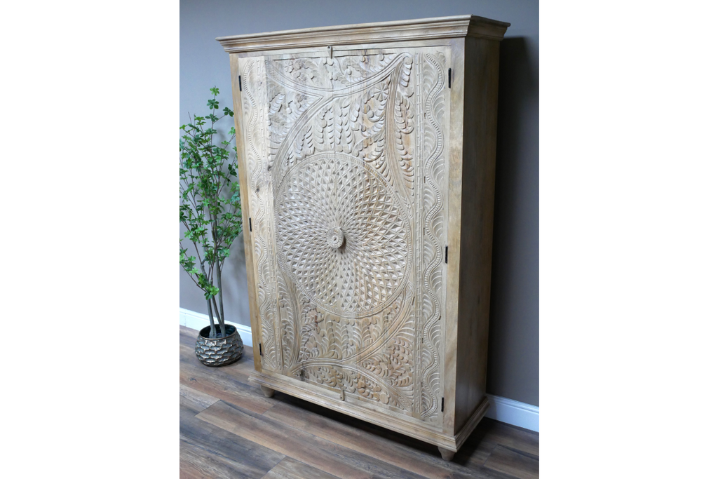 6ft tall natural wood ornate hand carved shelved armoire storage cupboard