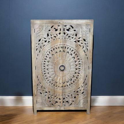 6ft tall ornate carved natural wood armoire storage cupboard