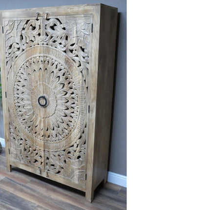 6ft tall ornate carved natural wood armoire storage cupboard