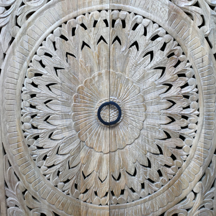 6ft tall ornate carved natural wood armoire storage cupboard