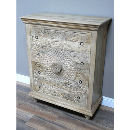 Natural wood ornate carved wood chest of drawers