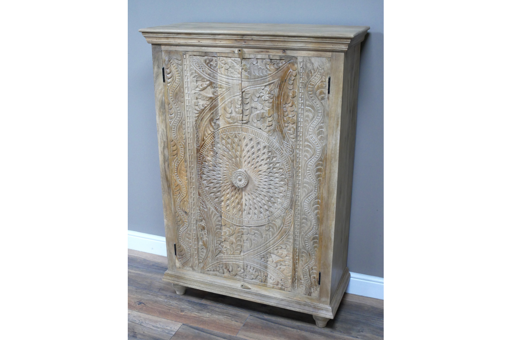 140cm Natural wood ornate hand carved rustic armoire storage cupboard