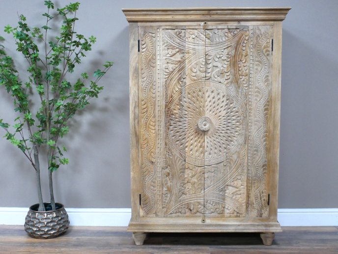 140cm Natural wood ornate hand carved rustic armoire storage cupboard