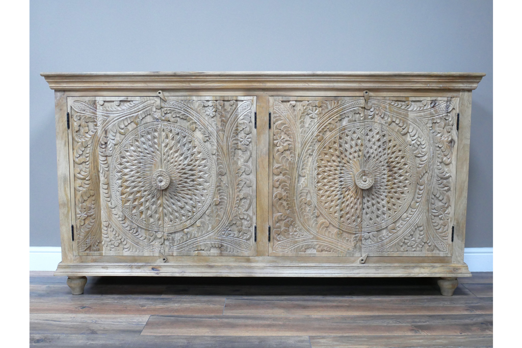 Artisan 6ft wide hand carved rustic natural wood sideboard cabinet