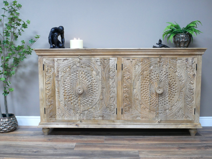 Artisan 6ft wide hand carved rustic natural wood sideboard cabinet