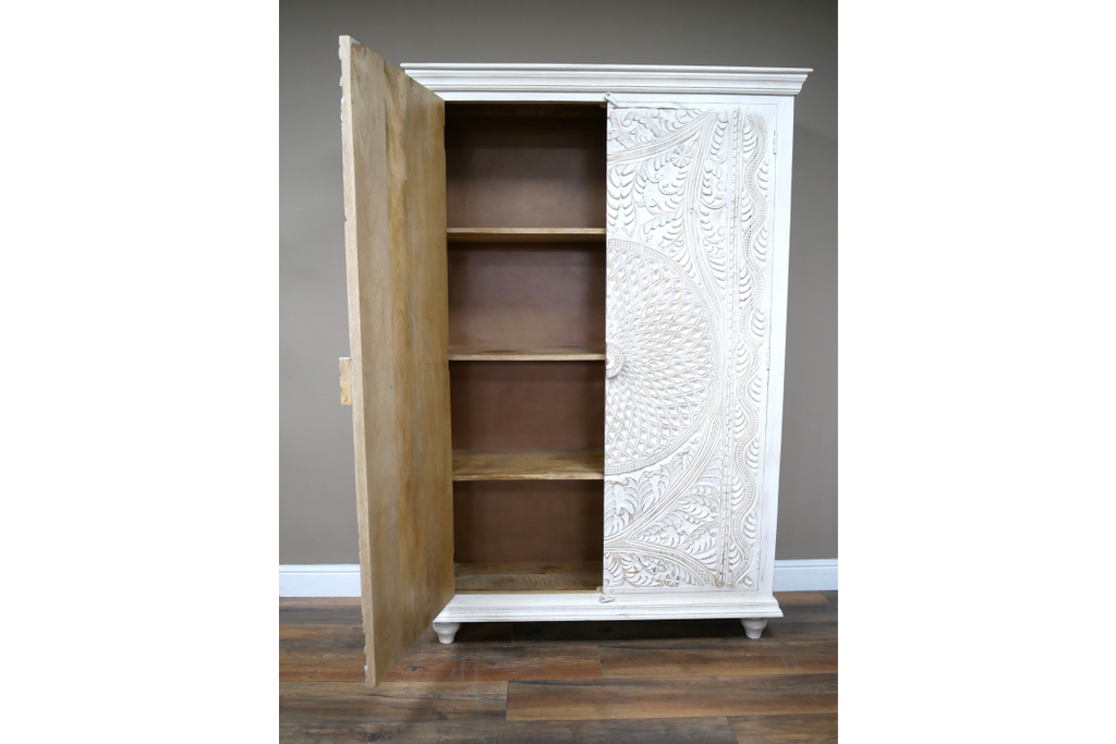 White ornate hand carved 6ft rustic wood shelved armoire storage cupboard