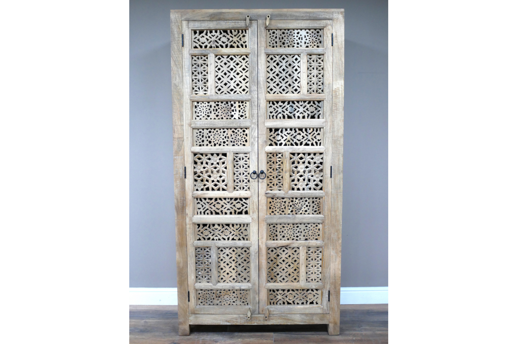 190cm tall ornate hand carved wood shelved armoire cupboard