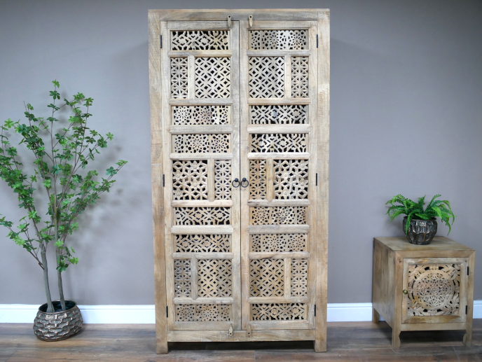 190cm tall ornate hand carved wood shelved armoire cupboard