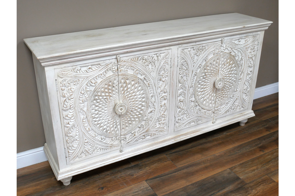 Artisan 6ft wide hand carved whitewash rustic wood sideboard cabinet