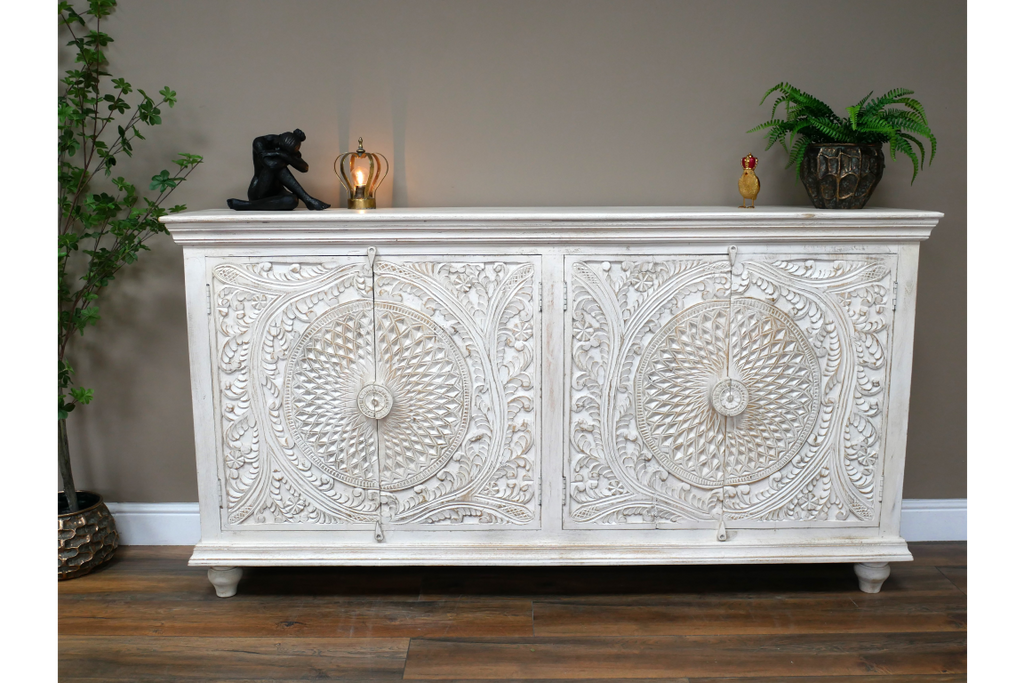 Artisan 6ft wide hand carved whitewash rustic wood sideboard cabinet